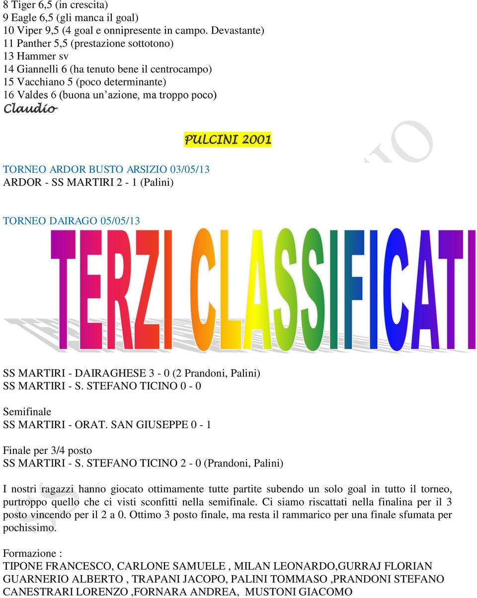 TORNEO ARDOR BUSTO ARSIZIO 03/05/13 ARDOR - SS MARTIRI 2-1 (Palini) PULCINI 2001 TORNEO DAIRAGO 05/05/13 SS MARTIRI - DAIRAGHESE 3-0 (2 Prandoni, Palini) SS MARTIRI - S.