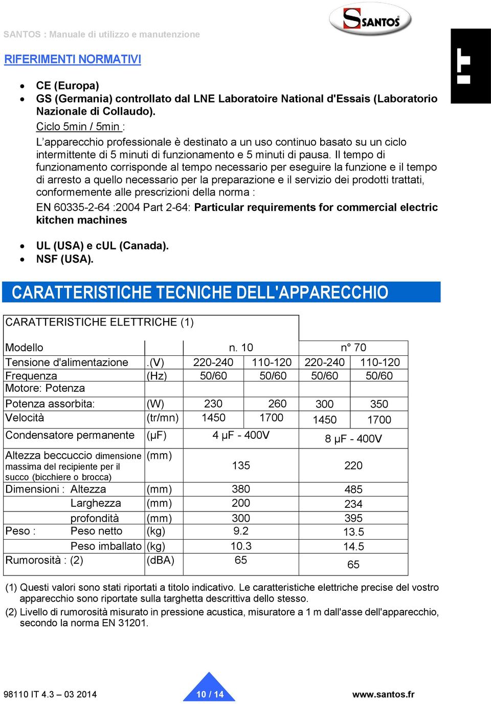 Il tempo di funzionamento corrisponde al tempo necessario per eseguire la funzione e il tempo di arresto a quello necessario per la preparazione e il servizio dei prodotti trattati, conformemente