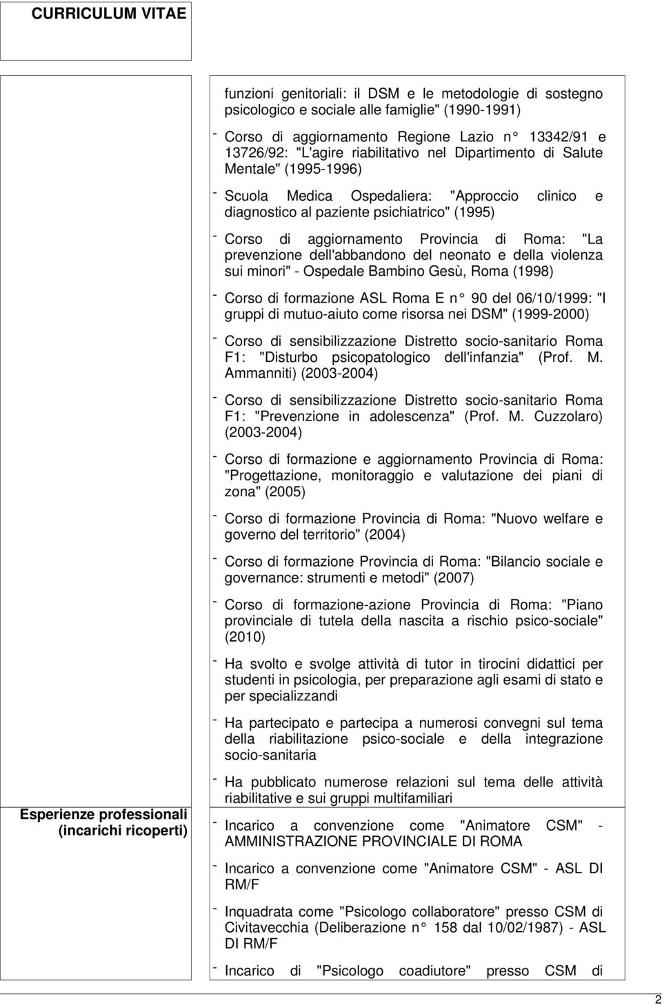 dell'abbandono del neonato e della violenza sui minori" - Ospedale Bambino Gesù, Roma (1998) - Corso di formazione ASL Roma E n 90 del 06/10/1999: "I gruppi di mutuo-aiuto come risorsa nei DSM"