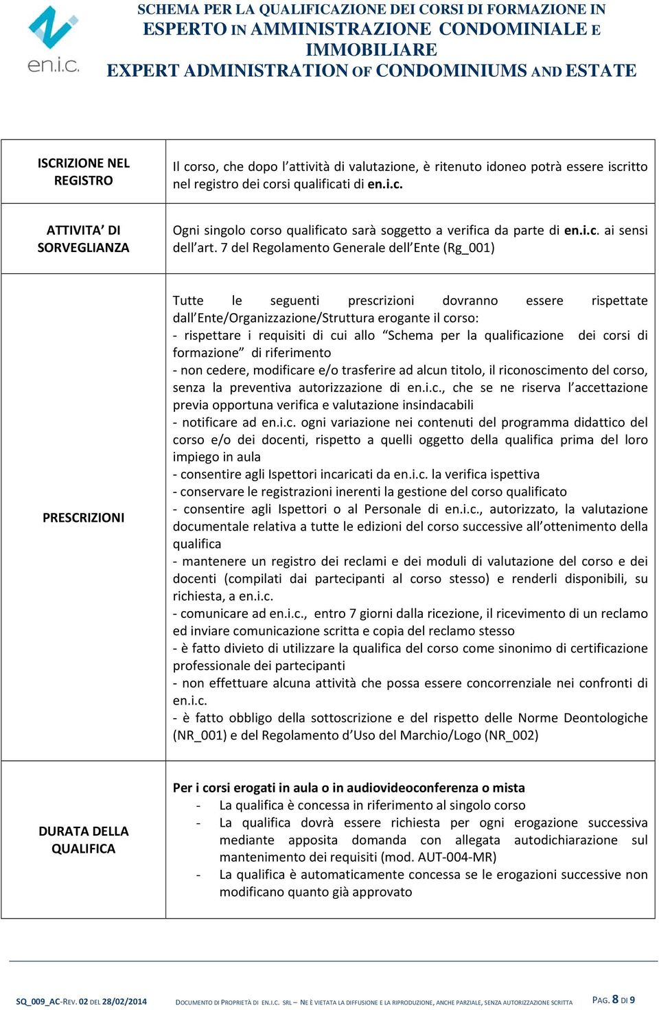 7 del Regolamento Generale dell Ente (Rg_001) PRESCRIZIONI Tutte le seguenti prescrizioni dovranno essere rispettate dall Ente/Organizzazione/Struttura erogante il corso: rispettare i requisiti di