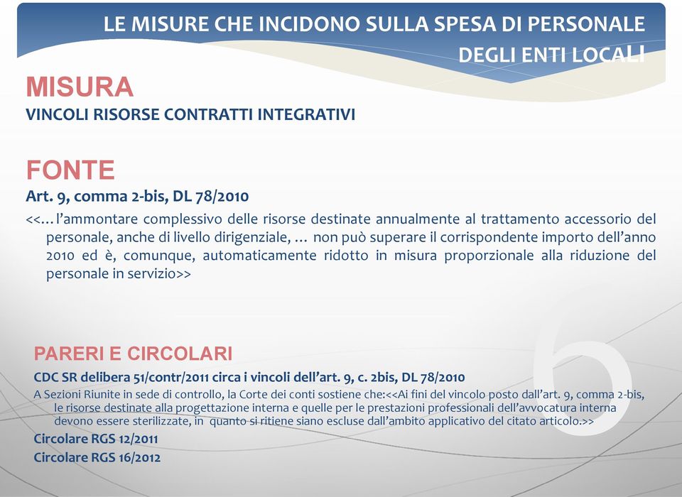 importo dell anno 2010 ed è, comunque, automaticamente ridotto in misura proporzionale alla riduzione del personale in servizio>> PARERI E CIRCOLARI CDC SR delibera 51/contr/2011 circa i vincoli dell