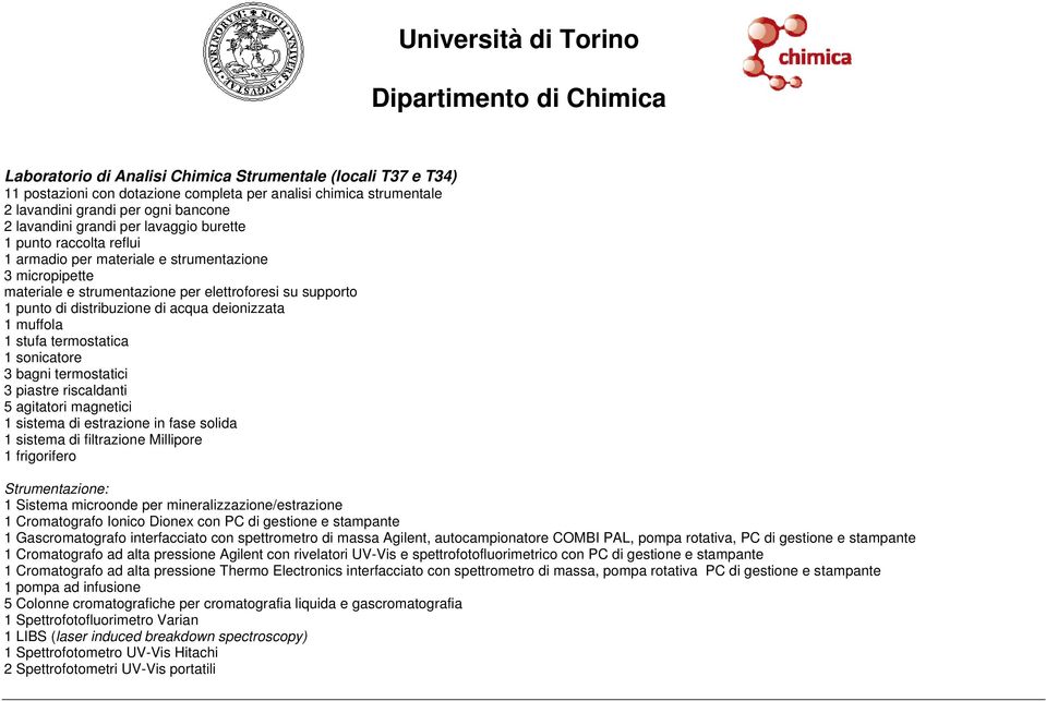 muffola 1 stufa termostatica 1 sonicatore 3 bagni termostatici 3 piastre riscaldanti 5 agitatori magnetici 1 sistema di estrazione in fase solida 1 sistema di filtrazione Millipore 1 frigorifero