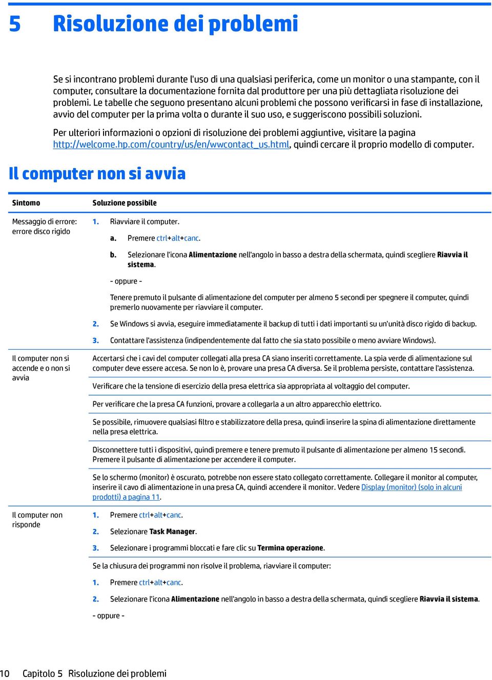 Le tabelle che seguono presentano alcuni problemi che possono verificarsi in fase di installazione, avvio del computer per la prima volta o durante il suo uso, e suggeriscono possibili soluzioni.