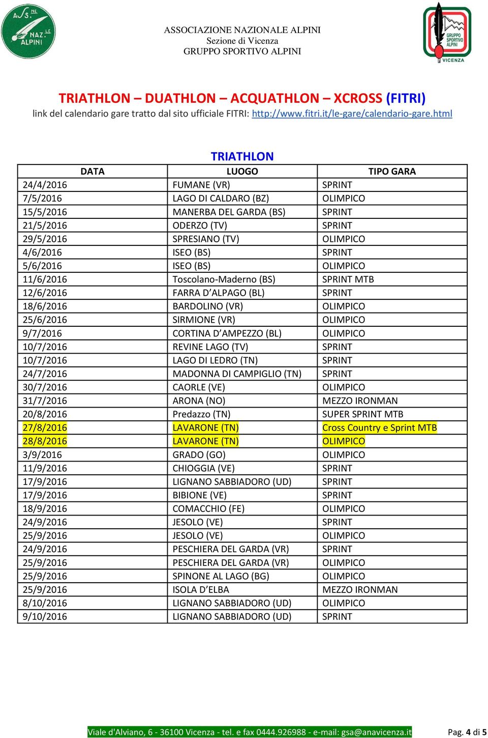 OLIMPICO 4/6/2016 ISEO (BS) SPRINT 5/6/2016 ISEO (BS) OLIMPICO 11/6/2016 Toscolano-Maderno (BS) SPRINT MTB 12/6/2016 FARRA D ALPAGO (BL) SPRINT 18/6/2016 BARDOLINO (VR) OLIMPICO 25/6/2016 SIRMIONE