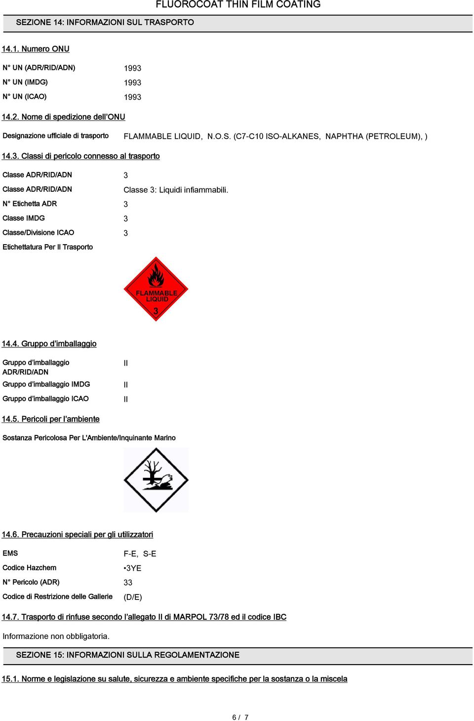 Classi di pericolo connesso al trasporto Classe ADR/RID/ADN 3 Classe ADR/RID/ADN Classe 3: Liquidi infiammabili.