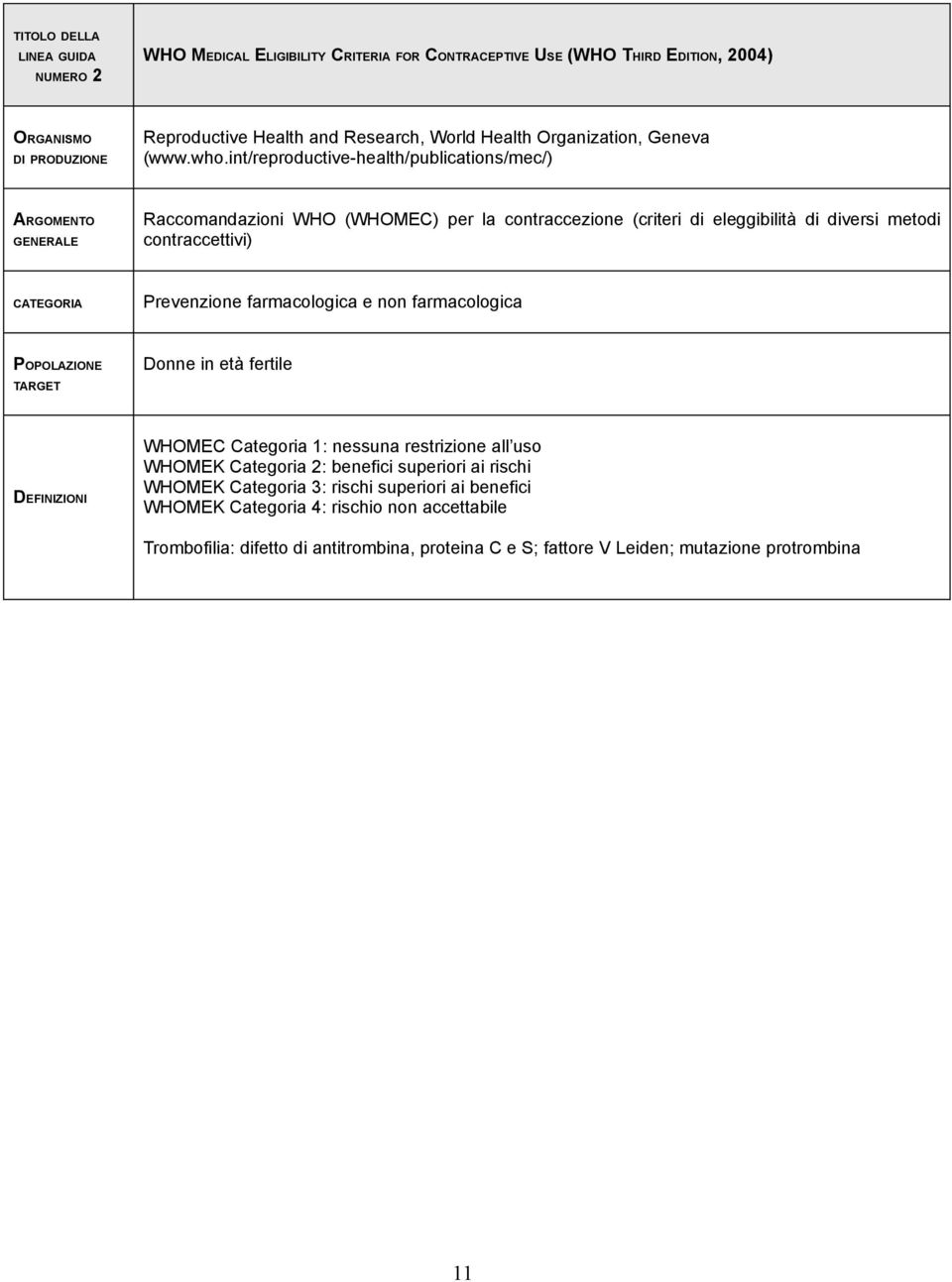 int/reproductive-health/publications/mec/) ARGOMENTO GENERALE Raccomandazioni WHO (WHOMEC) per la contraccezione (criteri di eleggibilità di diversi metodi contraccettivi) CATEGORIA