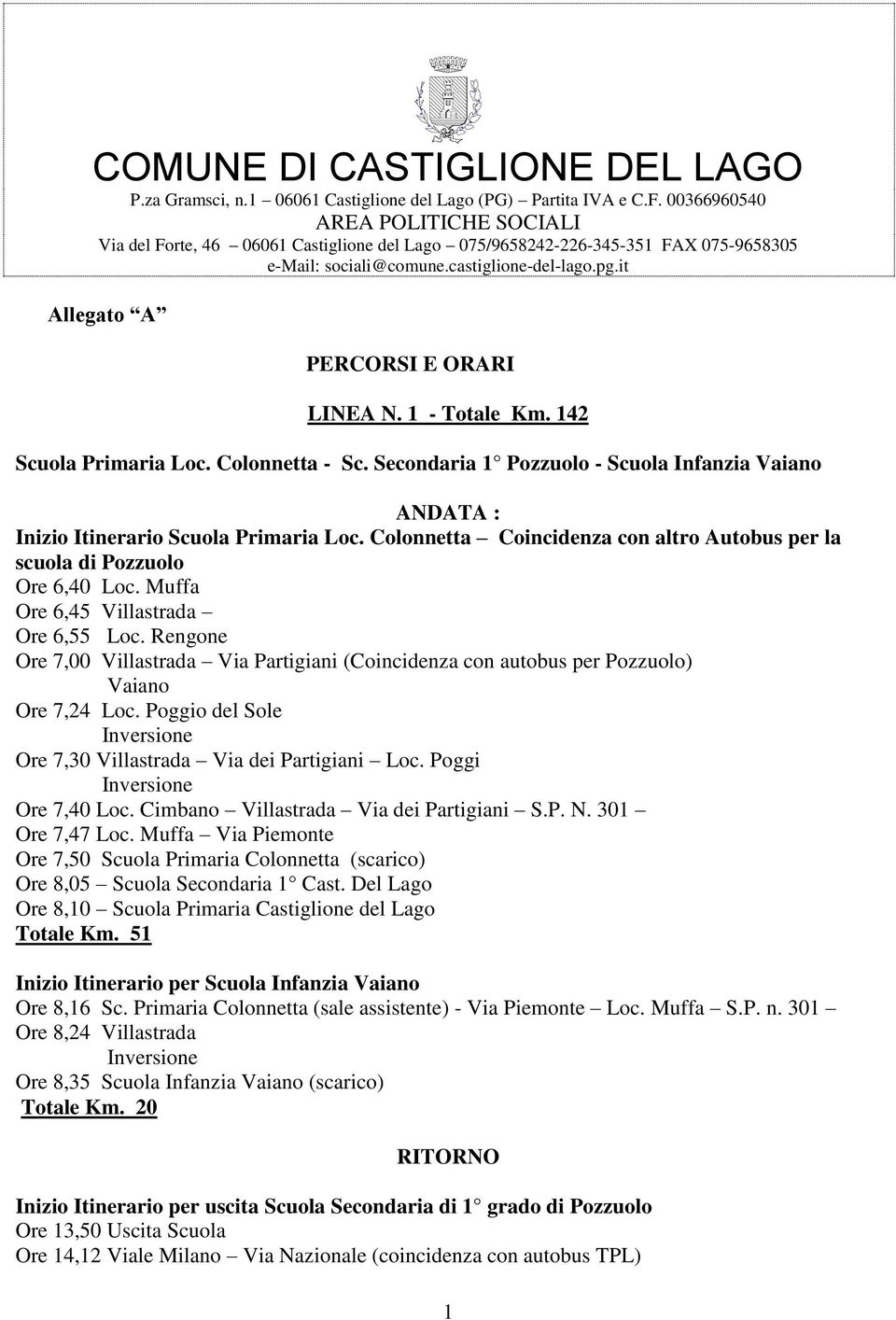 it Allegato A PERCORSI E ORARI LINEA N. 1 - Totale Km. 142 Scuola Primaria Loc. Colonnetta - Sc. Secondaria 1 Pozzuolo - Scuola Infanzia Vaiano Inizio Itinerario Scuola Primaria Loc.