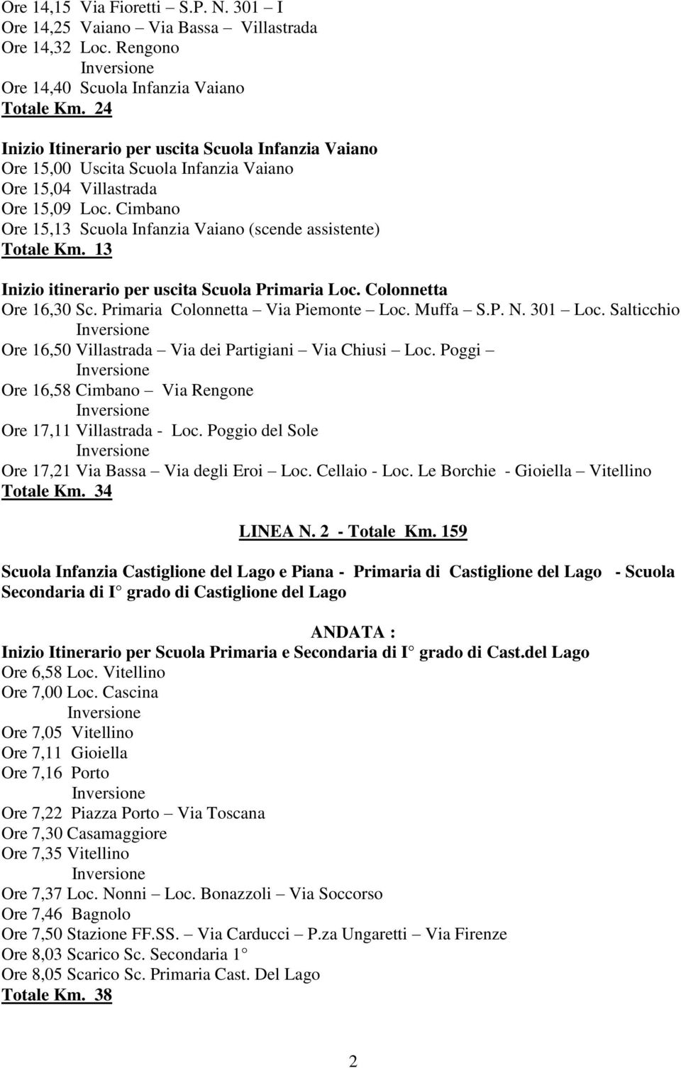 Cimbano Ore 15,13 Scuola Infanzia Vaiano (scende assistente) Totale Km. 13 Inizio itinerario per uscita Scuola Primaria Loc. Colonnetta Ore 16,30 Sc. Primaria Colonnetta Via Piemonte Loc. Muffa S.P. N.