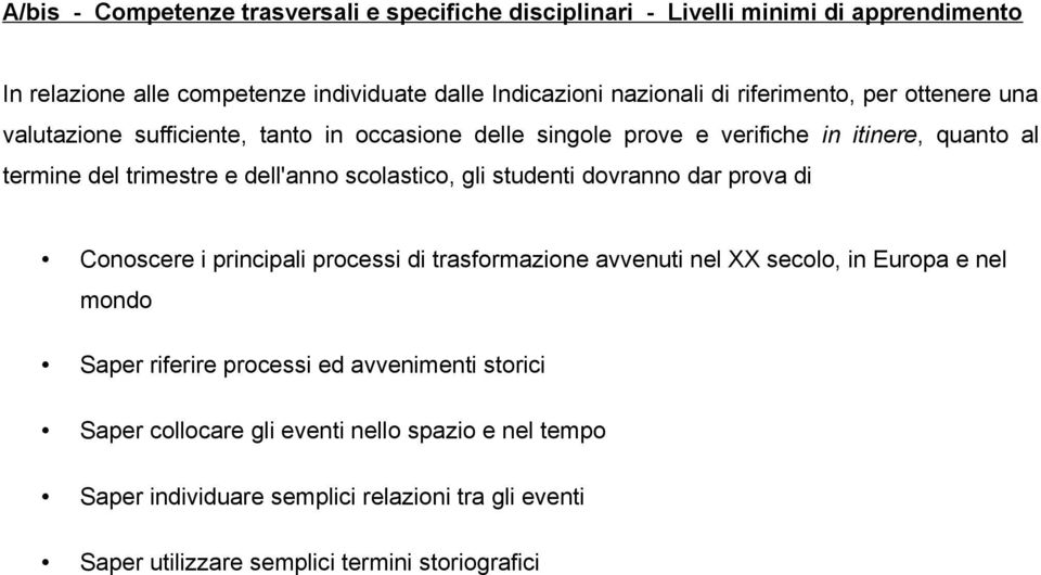 scolastico, gli studenti dovranno dar prova di Conoscere i principali processi di trasformazione avvenuti nel secolo, in Europa e nel mondo Saper riferire processi