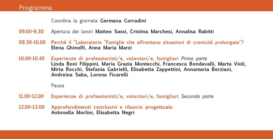 45 Esperienze di professionisti/e, volontari/e, famigliari Prima parte Linda Boni Filippini, Maria Grazia Montecchi, Francesca Bondavalli, Marta Violi, Mirta Rocchi, Stefania