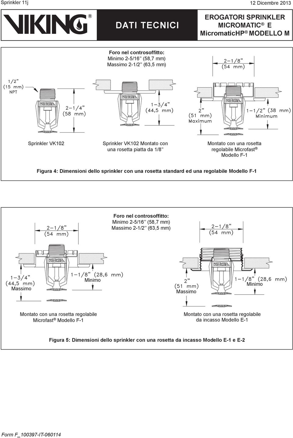 Modello F- Foro nel controsoffitto: Minimo -/ (,7 mm) Massimo -/ (, mm) Massimo Minimo Massimo Minimo Montato con una rosetta regolabile