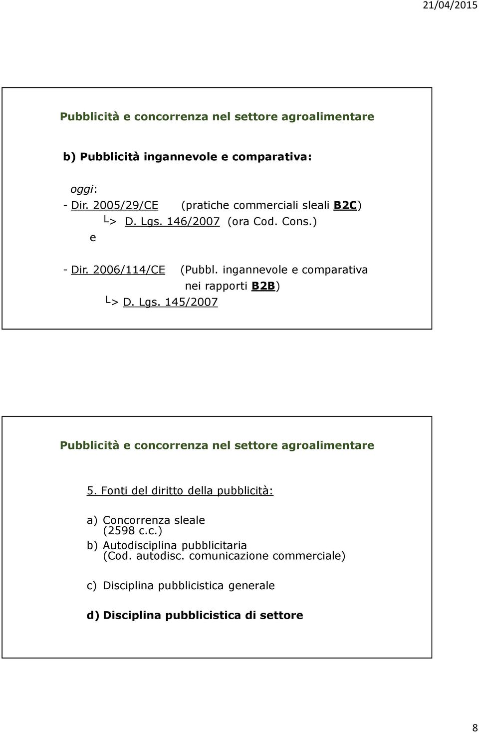 145/2007 nei rapporti B2B) 5. Fonti del diritto della pubblicità: a) Concorrenza sleale (2598 c.c.) b) Autodisciplina pubblicitaria (Cod.