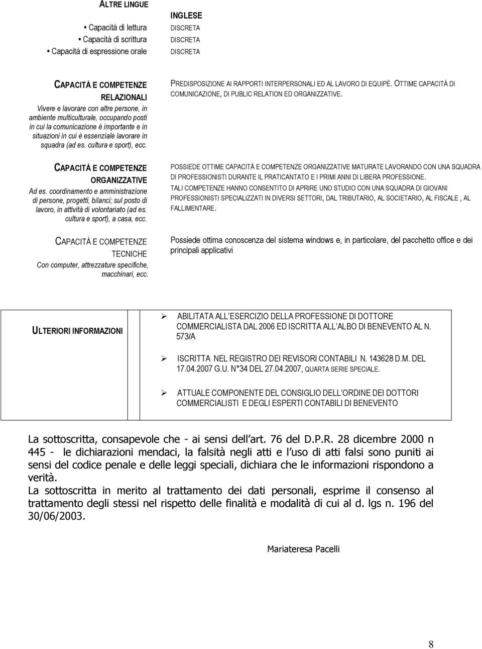 CAPACITÀ E COMPETENZE ORGANIZZATIVE Ad es. coordinamento e amministrazione di persone, progetti, bilanci; sul posto di lavoro, in attività di volontariato (ad es. cultura e sport), a casa, ecc.