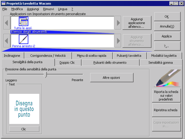 FUNZIONI DEL PANNELLO DI CONTROLLO Utilizzare il pannello di controllo Wacom per personalizzare la tavoletta grafica professionale Intuos2.