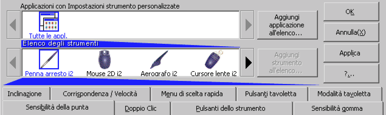 USO DI STRUMENTI MULTIPLI Il pannello di controllo Wacom è progettato per aiutare l'utente nella personalizzazione e memorizzazione delle impostazioni degli strumenti Intuos2.