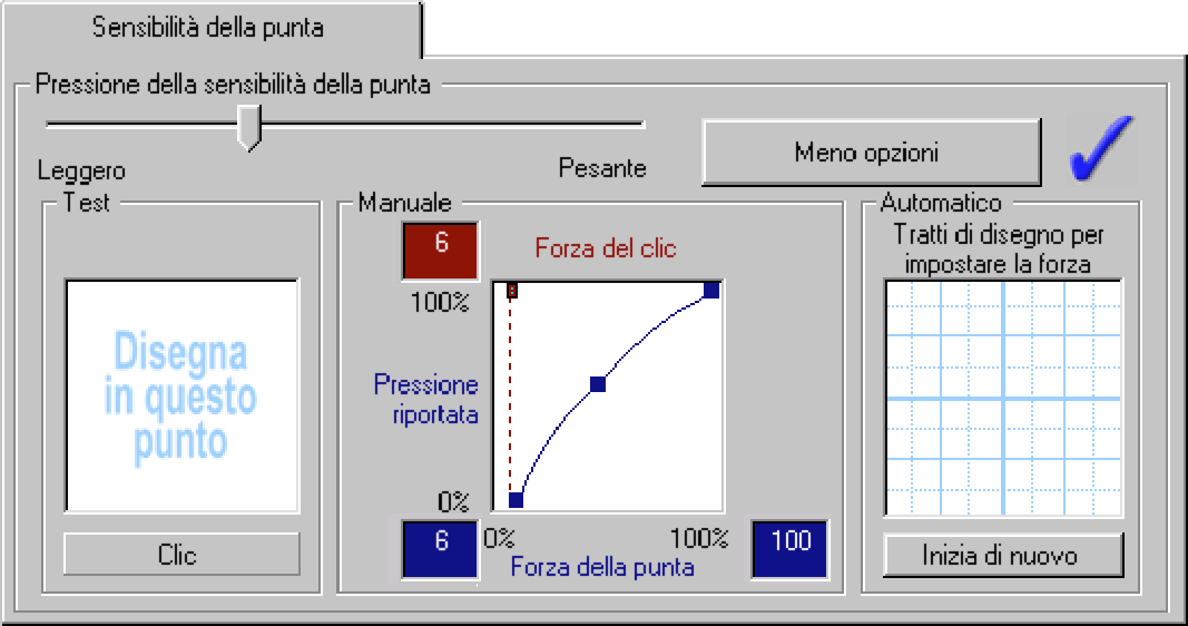 IMPOSTAZIONI AVANZATE DI PRESSIONE DELLA PUNTA Per personalizzare le impostazioni avanzate di pressione della punta, selezionare ALTRE OPZIONI dalla scheda SENSIBILITÀ DELLA PUNTA.