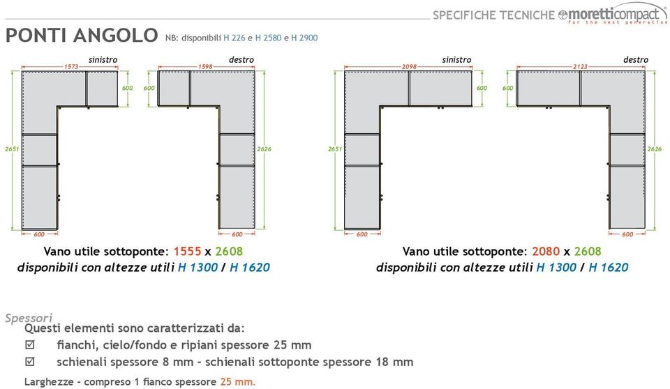 x 2608 disponibili con altezze utili H 1300 / H 1620 schienali spessore 8 mm -