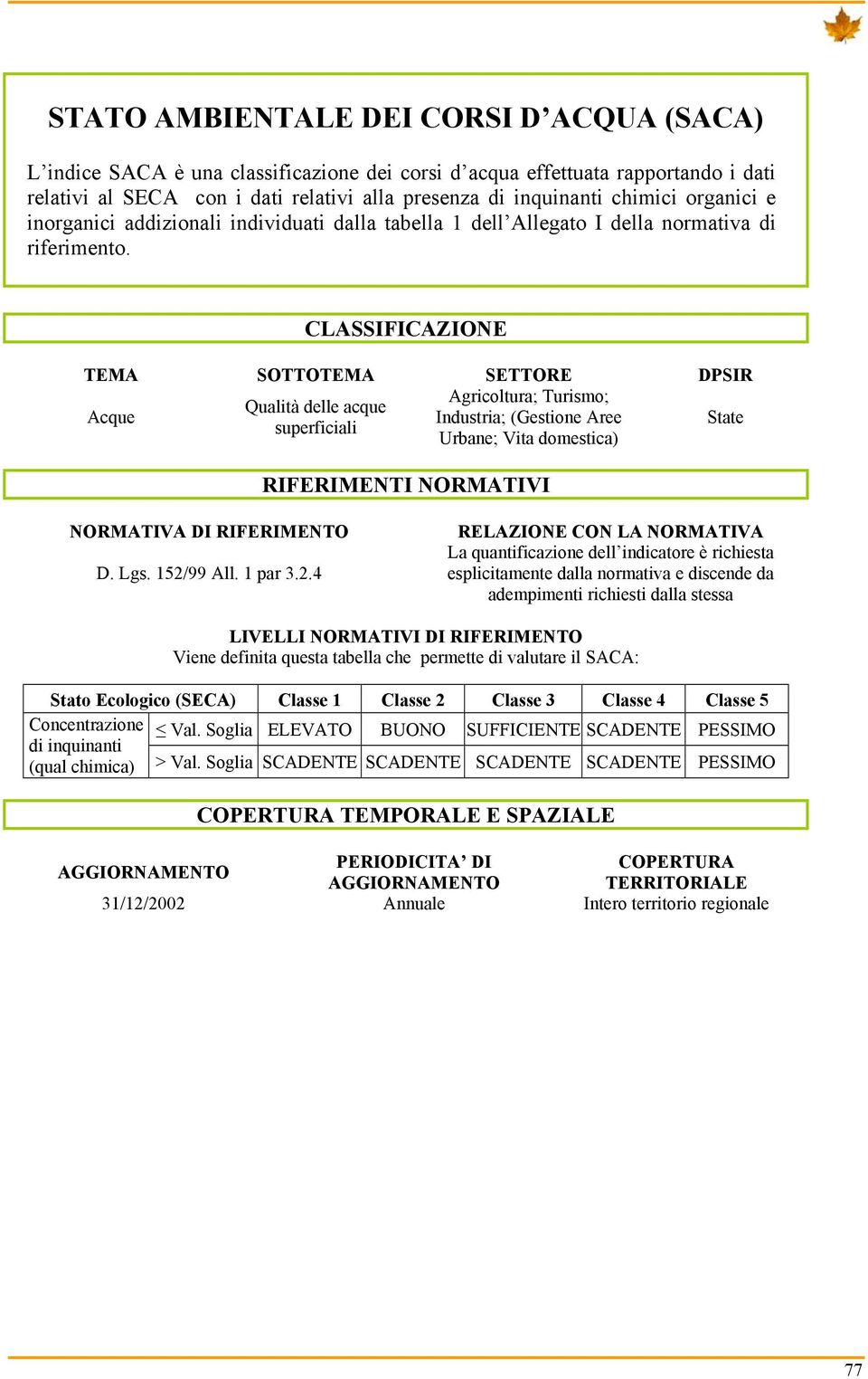 CLASSIFICAZIONE TEMA SOTTOTEMA SETTORE DPSIR Agricoltura; Turismo; Qualità delle acque Acque Industria; (Gestione Aree State superficiali Urbane; Vita domestica) RIFERIMENTI NORMATIVI NORMATIVA DI