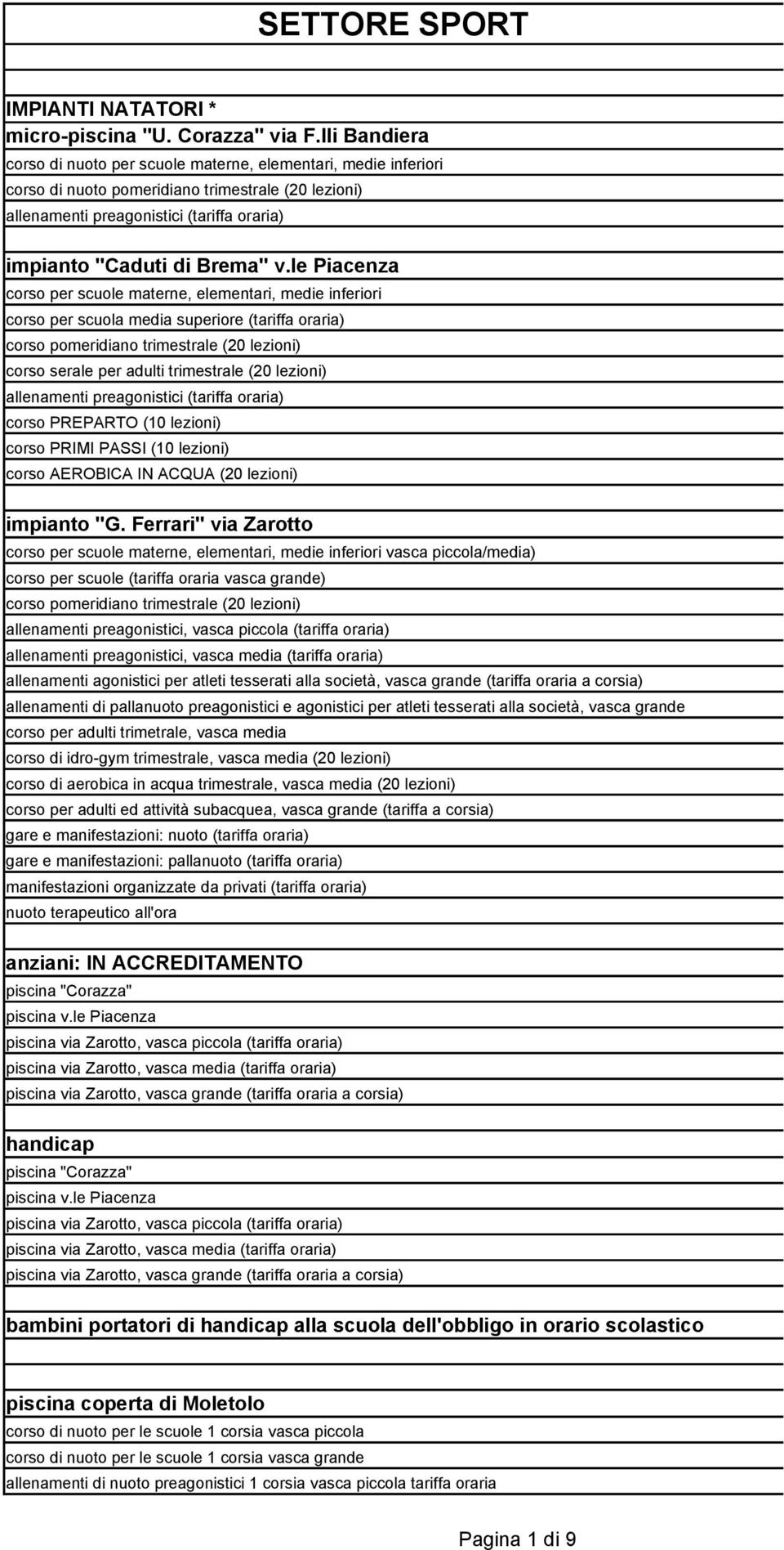 le Piacenza corso per scuole materne, elementari, medie inferiori corso per scuola media superiore (tariffa oraria) corso pomeridiano trimestrale (20 lezioni) corso serale per adulti trimestrale (20