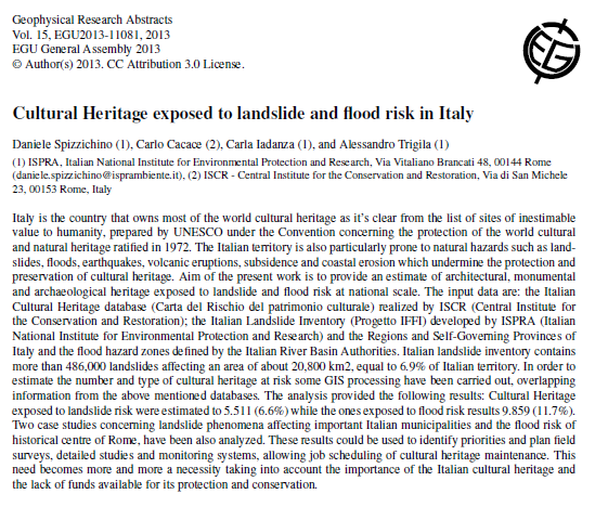 EGU General Assembly 2013 Sottomissione dell Abstract Cultural Heritage exposed to landslide and flood risk in Italy (Geophysical Research