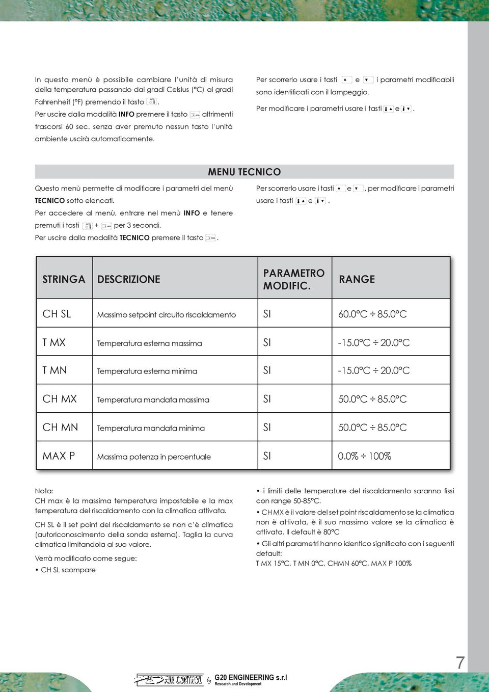 TECNICO Qusto mnù prmtt di modificar i paramtri dl mnù Pr scorrrlo usar i tasti TECNICO sotto lncati usar i tasti, pr modificar i paramtri Pr accdr al mnù, ntrar nl mnù INFO tnr prmuti i tasti AUTO +