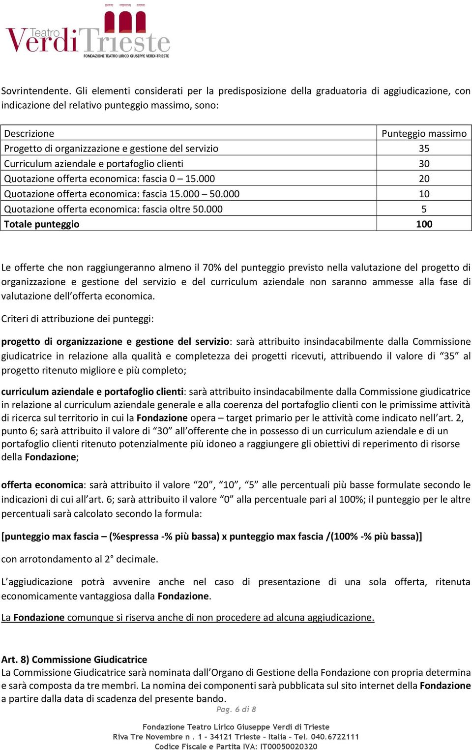 gestione del servizio 35 Curriculum aziendale e portafoglio clienti 30 Quotazione offerta economica: fascia 0 15.000 20 Quotazione offerta economica: fascia 15.000 50.