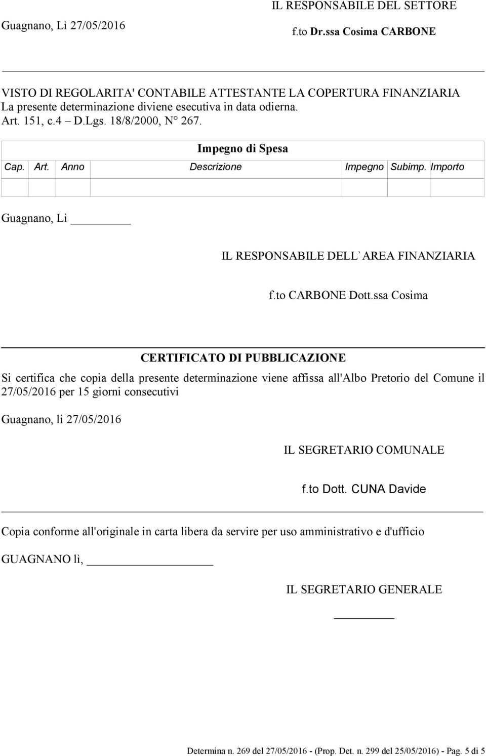 Impegno di Spesa Cap. Art. Anno Descrizione Impegno Subimp. Importo Guagnano, Lì IL RESPONSABILE DELL`AREA FINANZIARIA f.to CARBONE Dott.