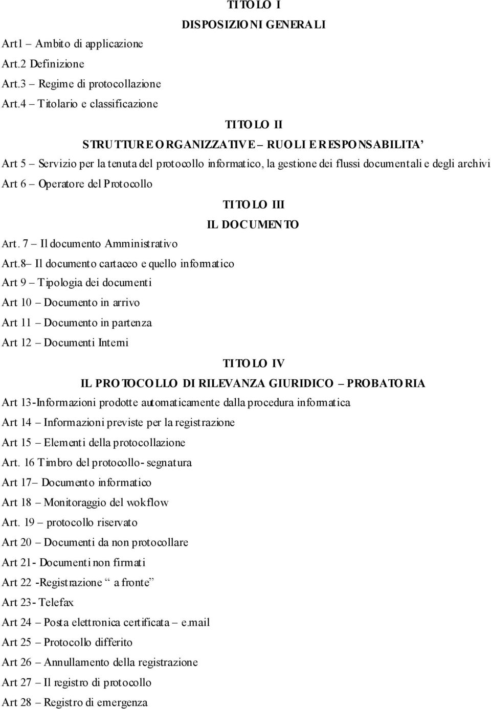 Art 6 Operatore del Protocollo TITO LO III IL DOCUMENTO Art. 7 Il documento Amministrativo Art.