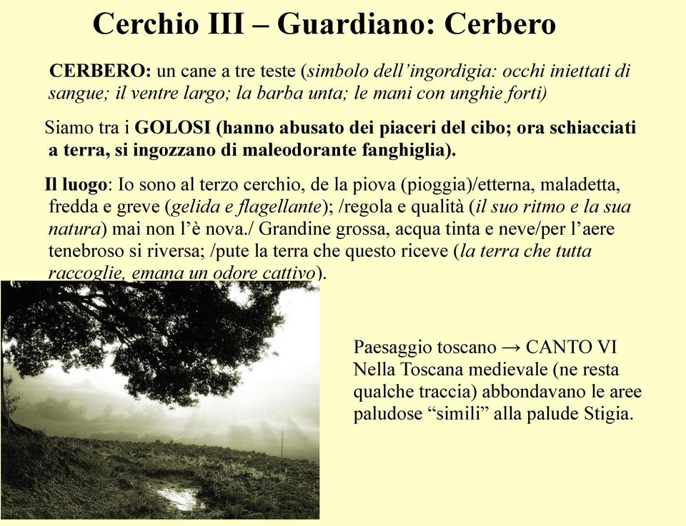 Il luogo: Io sono al terzo cerchio, de la piova (pioggia)/etterna, maladetta, fredda e greve (gelida e flagellante); /regola e qualità (il suo ritmo e la sua natura) mai non l è nova.