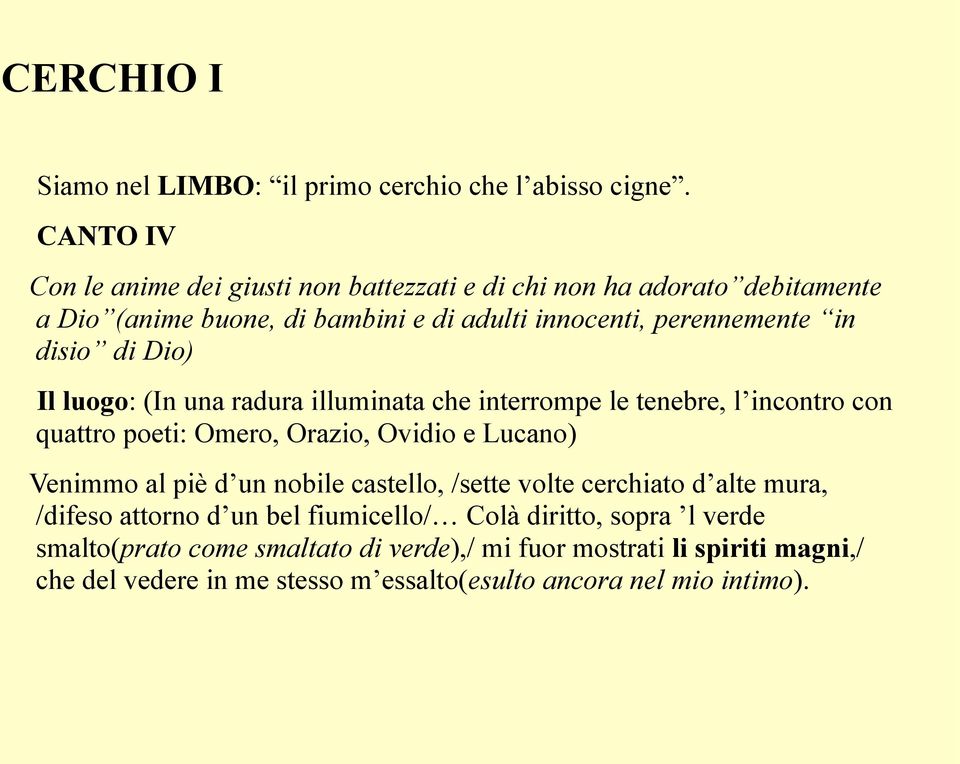 di Dio) Il luogo: (In una radura illuminata che interrompe le tenebre, l incontro con quattro poeti: Omero, Orazio, Ovidio e Lucano) Venimmo al piè d un nobile