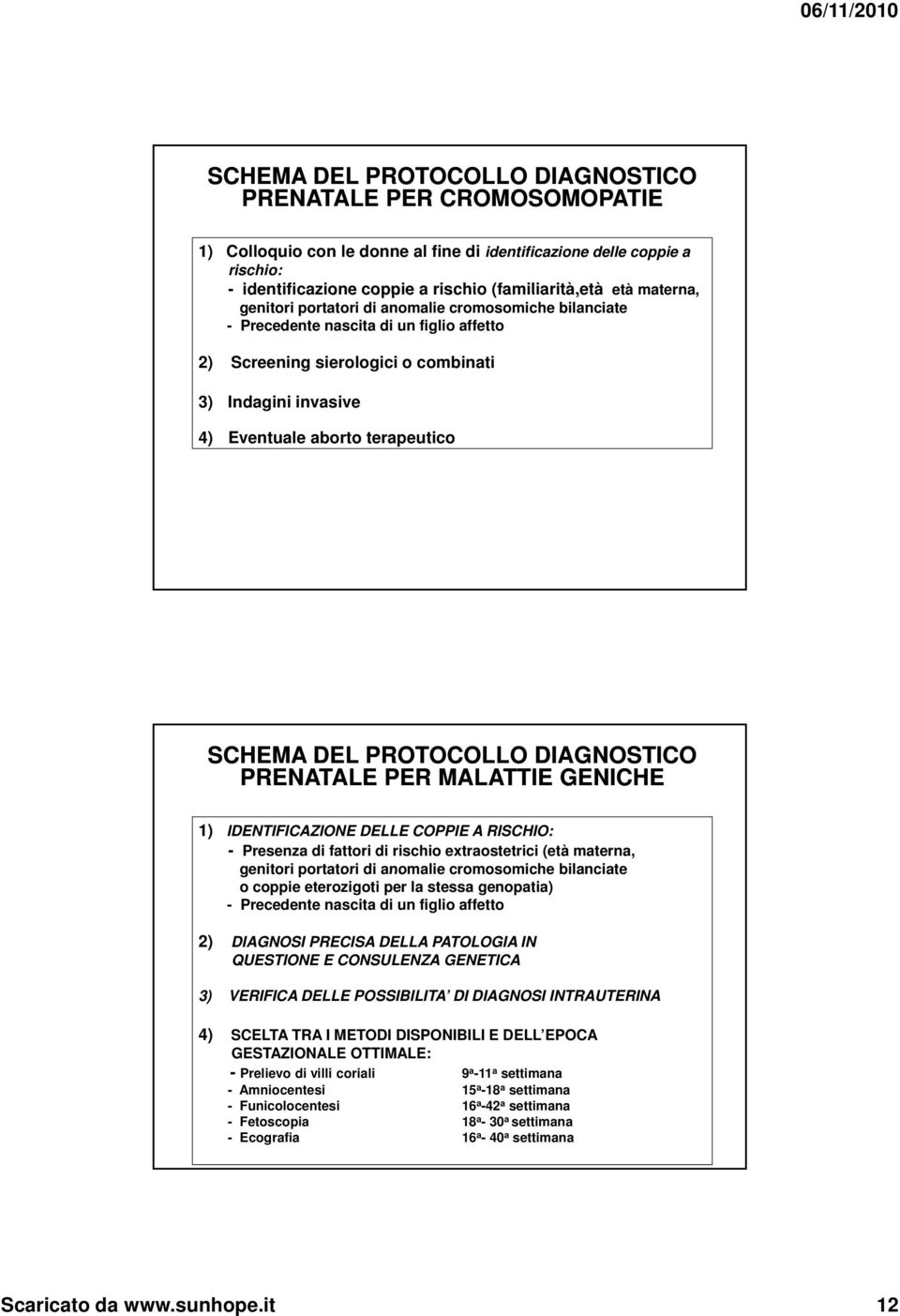 SCHEMA DEL PROTOCOLLO DIAGNOSTICO PRENATALE PER MALATTIE GENICHE 1) IDENTIFICAZIONE DELLE COPPIE A RISCHIO: - Presenza di fattori di rischio extraostetrici (età materna, genitori portatori di