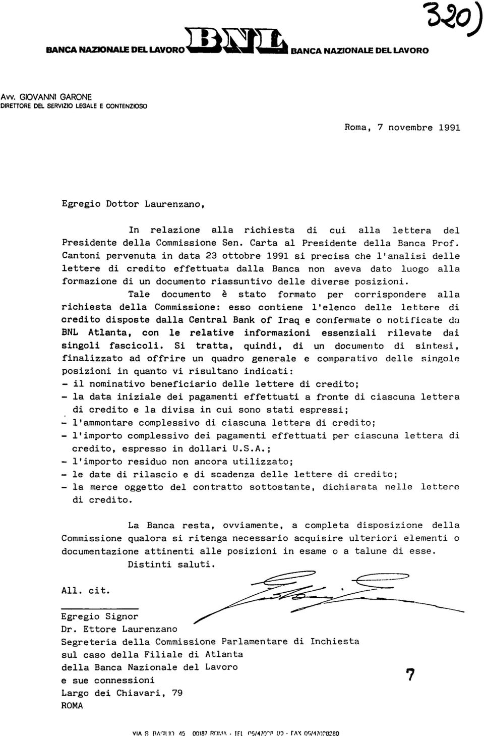 Carta al Presdente della Banca Prof.