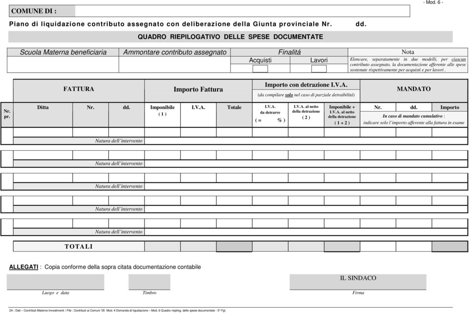 assegnato, la documentazione afferente alle spese sostenute rispettivamente per acquisti e per lavori. FATTURA Importo Fattura Importo con detrazione I.V.A. (da compilare solo nel caso di parziale detraibilitá) MANDATO Nr.