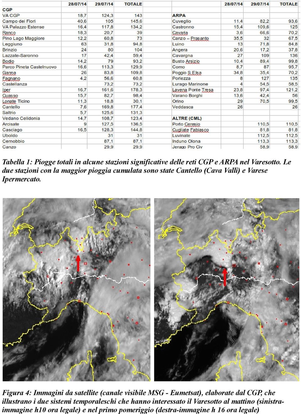 Figura 4: Immagini da satellite (canale visibile MSG - Eumetsat), elaborate dal CGP, che illustrano i due sistemi