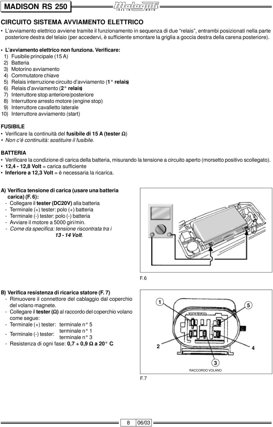 Verificare: 1) Fusibile principale (15 A) 2) Batteria 3) Motorino avviamento 4) Commutatore chiave 5) elais interruzione circuito d avviamento (1 relais) 6) elais d avviamento (2 relais) 7)