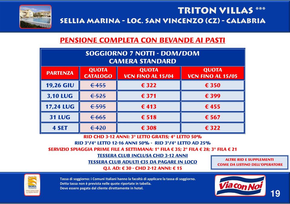 FINO AL 15/05 19,26 GIU 455 322 350 3,10 LUG 525 371 399 17,24 LUG 595 413 455 31 LUG 665 518 567 4 SET 420 308 322 RID CHD 3-12 ANNI: