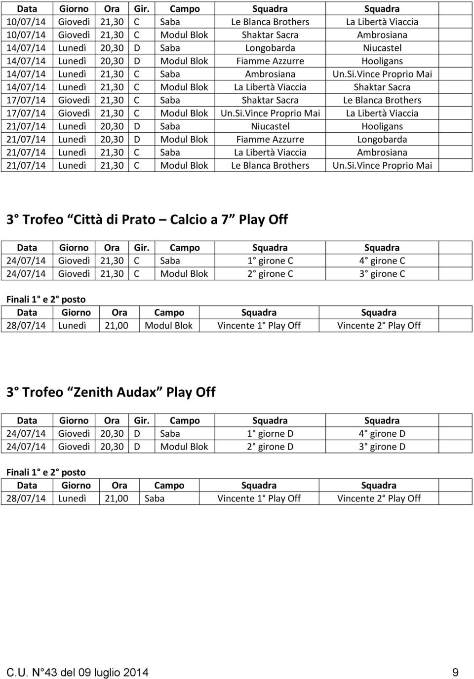 Niucastel 14/07/14 Lunedì 20,30 D Modul Blok Fiamme Azzurre Hooligans 14/07/14 Lunedì 21,30 C Saba Ambrosiana Un.Si.