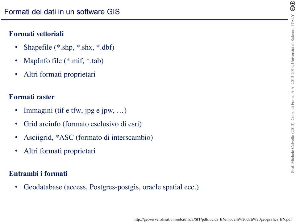 esri) Asciigrid, *ASC (formato di interscambio) Altri formati proprietari Entrambi i formati Geodatabase (access,