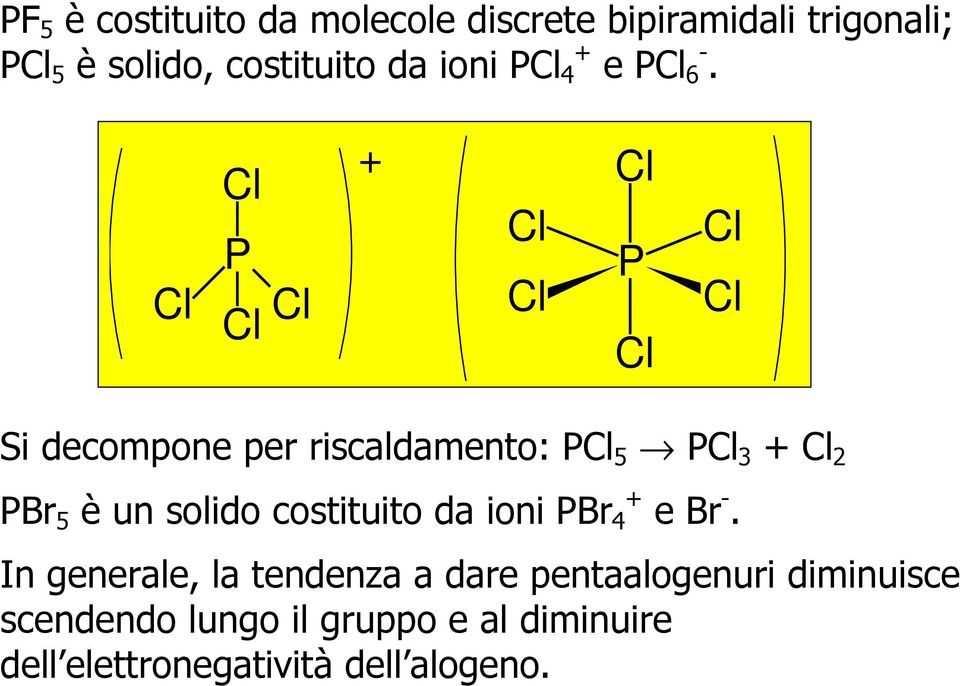 Cl Cl P Cl Cl + Cl Cl Cl P Cl Cl Cl Si decompone per riscaldamento: PCl 5 PCl 3 + Cl 2 PBr 5 è un