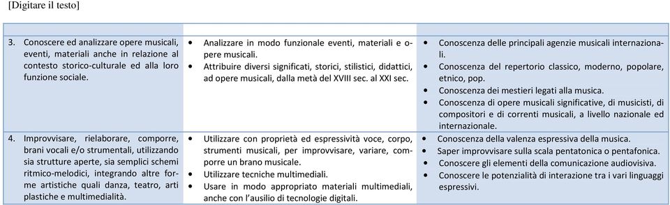 plastiche e multimedialità. Analizzare in modo funzionale eventi, materiali e o- pere musicali.