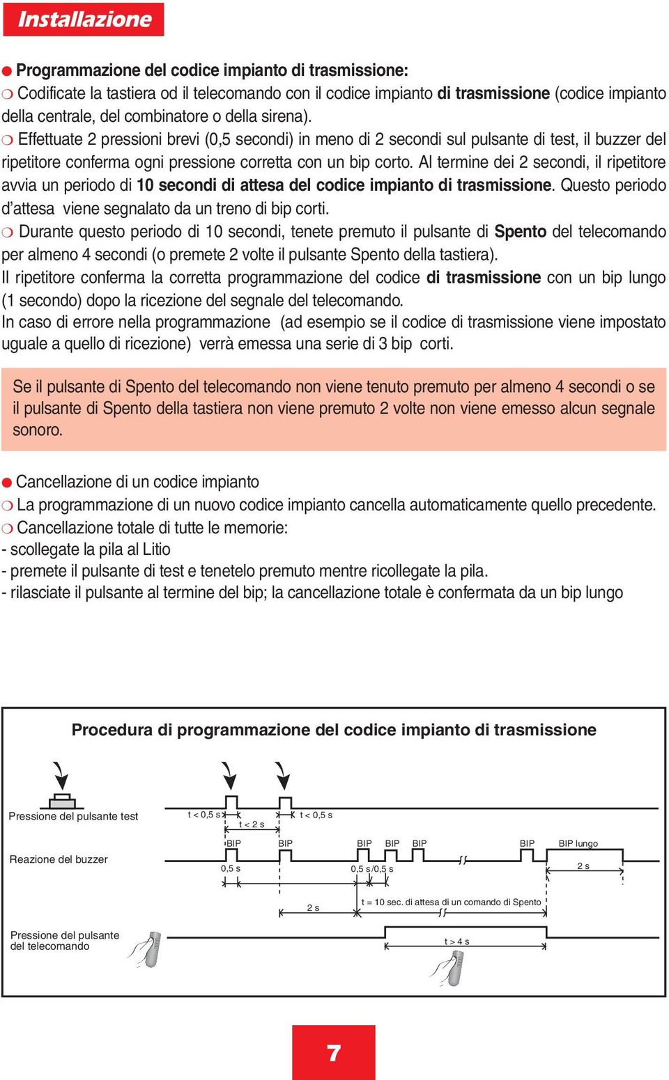 Al termine dei 2 secondi, il ripetitore avvia un periodo di 10 secondi di attesa del codice impianto di trasmissione. Questo periodo d attesa viene segnalato da un treno di bip corti.