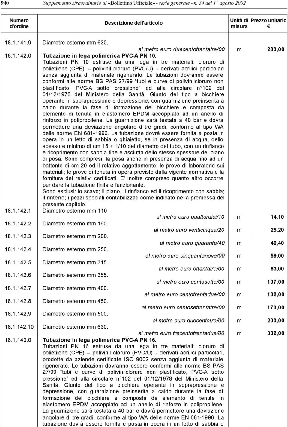 Tubazioni PN 10 estruse da una lega in tre materiali: cloruro di polietilene (CPE) polivinil cloruro (PVC/U) - derivati acrilici particolari senza aggiunta di materiale rigenerato.