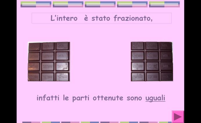 Figure 3 e 4 Divisione di oggetti e forme geometriche in 2 parti uguali, riconoscimento delle forme divise in 2 parti uguali L insegnante ha invitato di volta in volta un alunno alla LIM per