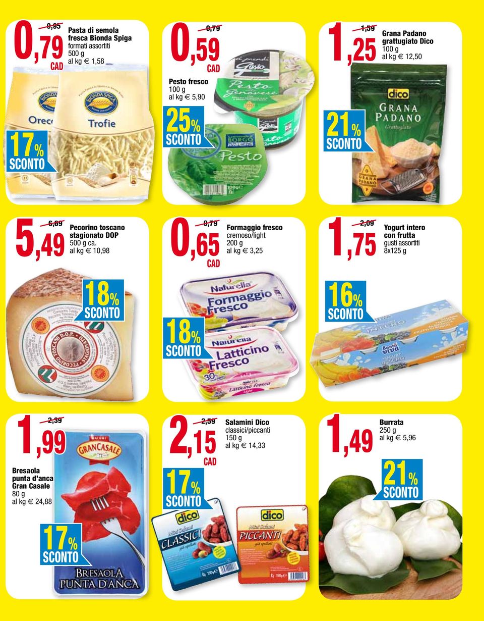 10,98 0,79 0,65cad Formaggio fresco cremoso/light 200 g 3,25 2,09 1,75 Yogurt intero con frutta gusti assortiti 8x125 g 18%