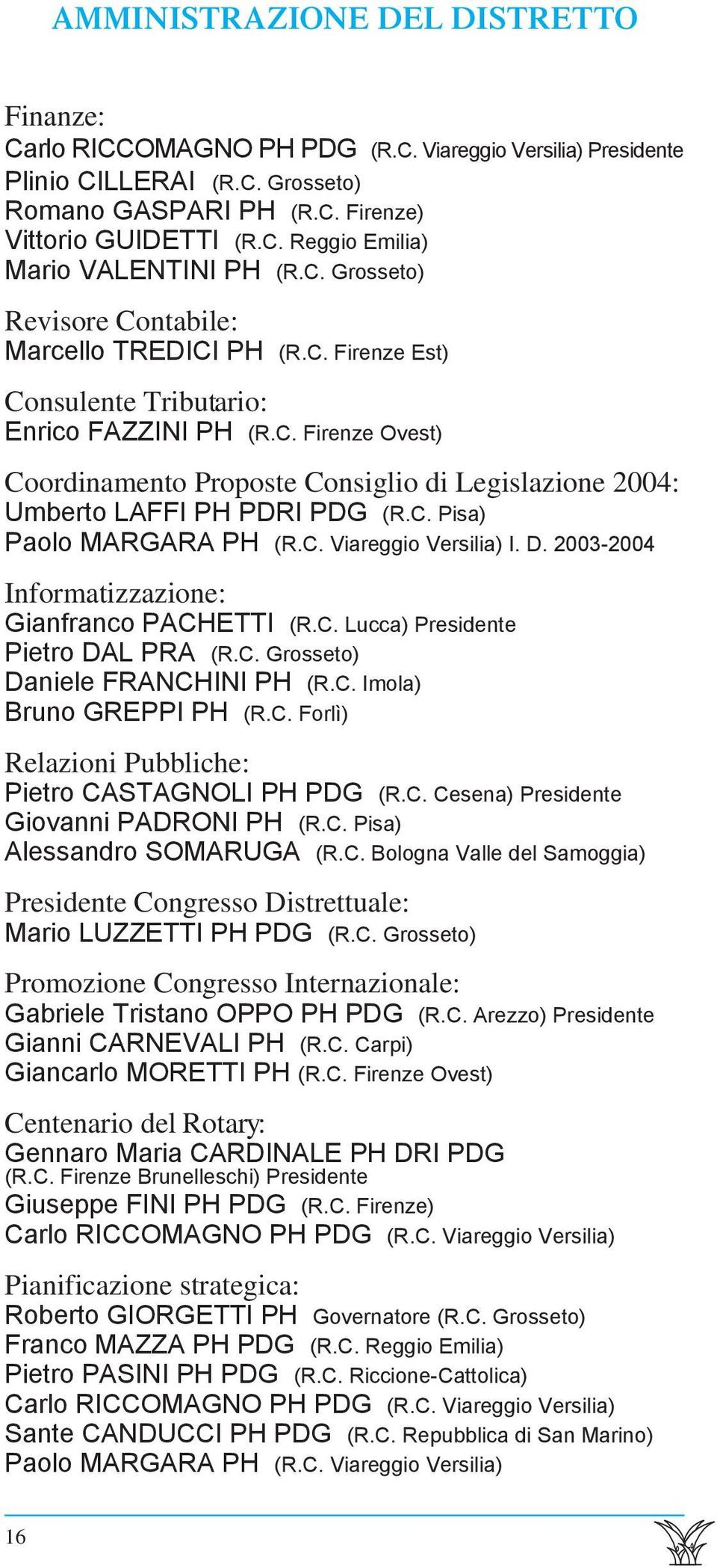 C. Pisa) Paolo MARGARA PH (R.C. Viareggio Versilia) I. D. 2003-2004 Informatizzazione: Gianfranco PACHETTI (R.C. Lucca) Presidente Pietro DAL PRA (R.C. Grosseto) Daniele FRANCHINI PH (R.C. Imola) Bruno GREPPI PH (R.