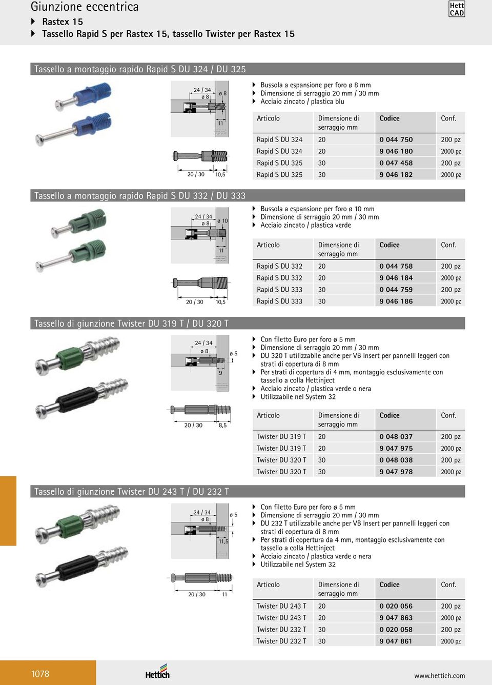 DU 325 30 0 047 458 200 pz Rapid S DU 325 30 9 046 182 2000 pz Tassello a montaggio rapido Rapid S DU 332 / DU 333 24 / 34 ø 8 ø 10 Bussola a espansione per foro ø 10 mm Dimensione di serraggio 20 mm