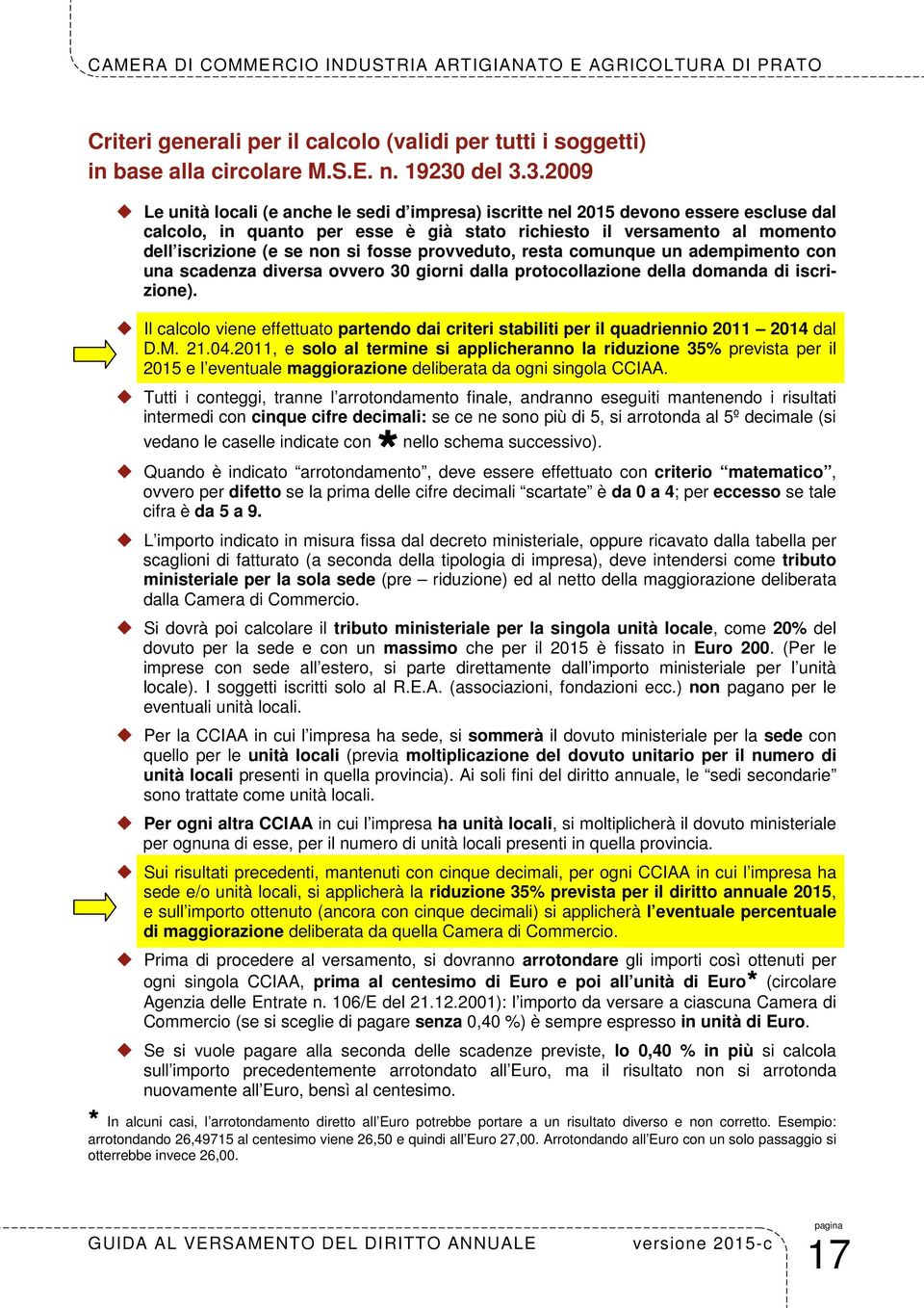 3.2009 Le unità locali (e anche le sedi d impresa) iscritte nel 2015 devono essere escluse dal calcolo, in quanto per esse è già stato richiesto il versamento al momento dell iscrizione (e se non si