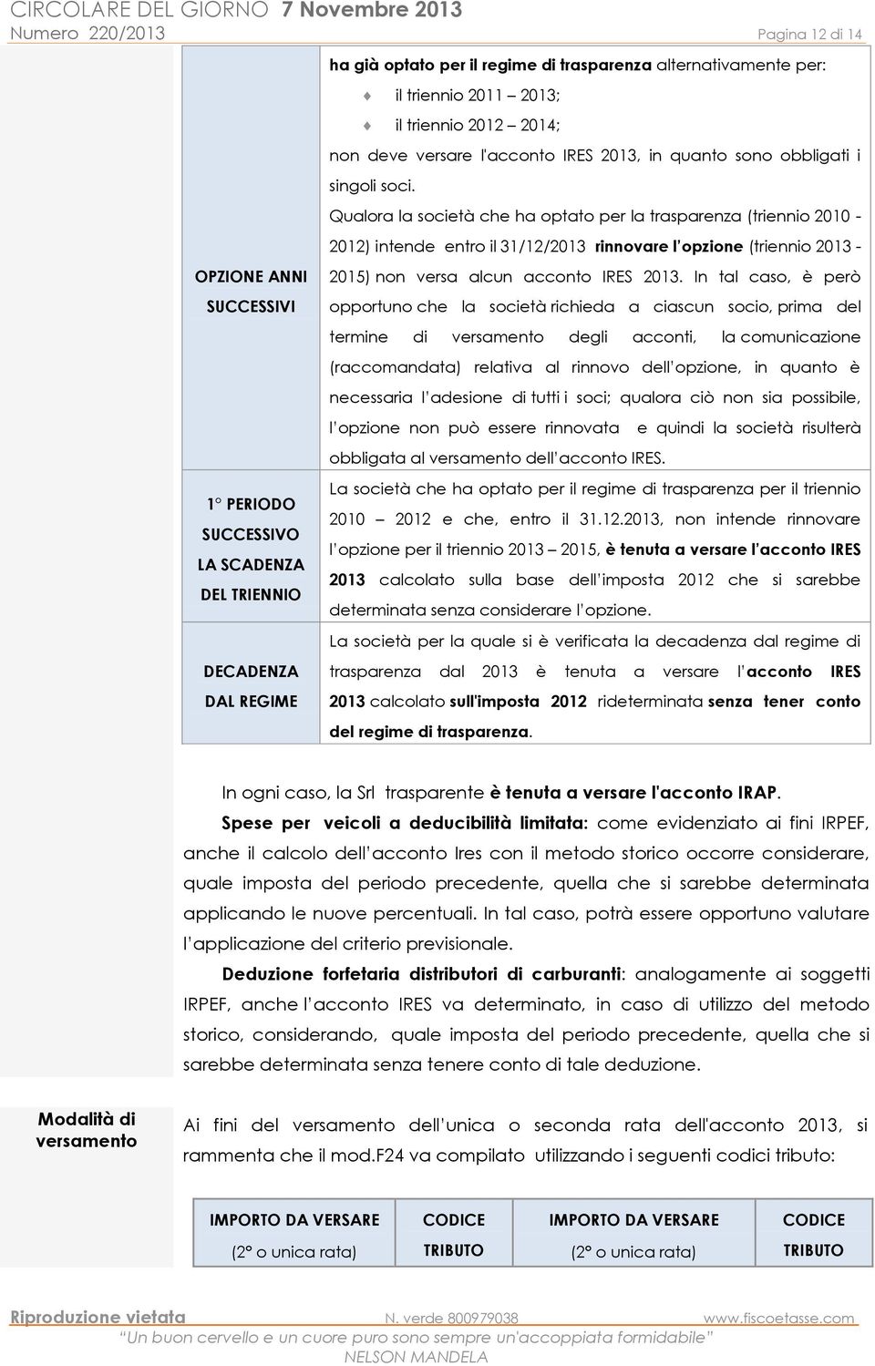 Qualora la società che ha optato per la trasparenza (triennio 2010-2012) intende entro il 31/12/2013 rinnovare l opzione (triennio 2013 - OPZIONE ANNI SUCCESSIVI 1 PERIODO SUCCESSIVO LA SCADENZA DEL