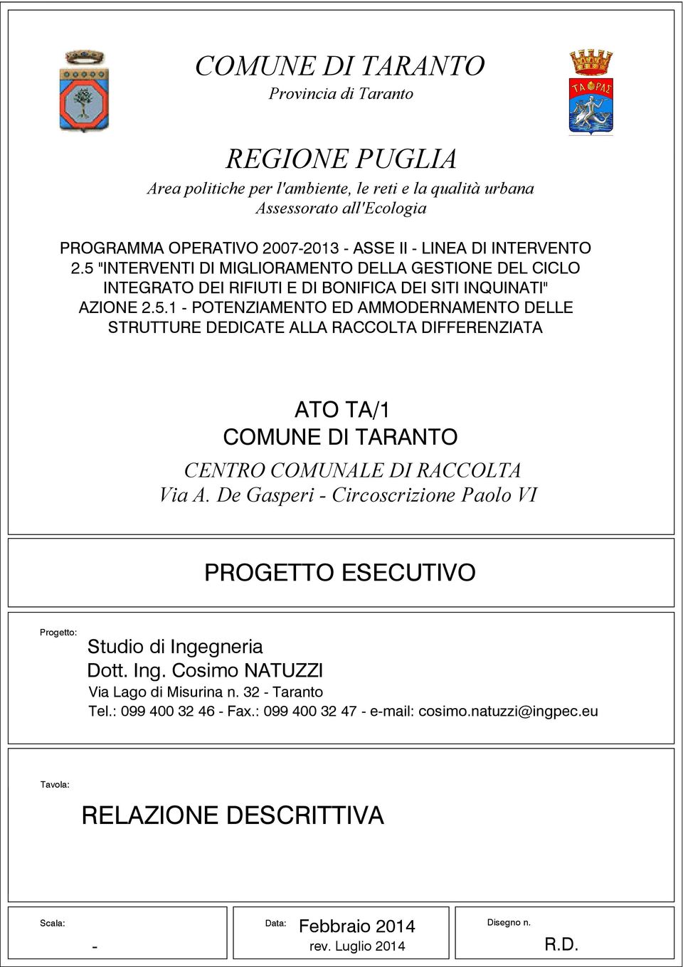 De Gasperi - Circoscrizione Paolo VI PROGETTO ESECUTIVO Progetto: Studio di Ingegneria Dott. Ing. Cosimo NATUZZI Via Lago di Misurina n. 32 - Taranto Tel.: 099 400 32 46 - Fax.