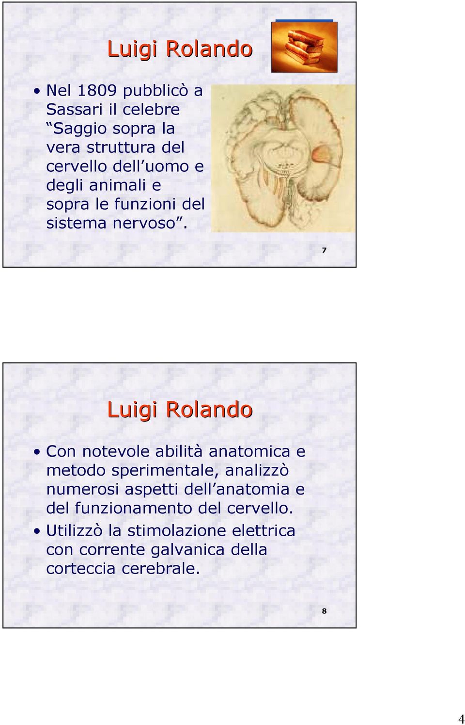 7 Luigi Rolando Con notevole abilità anatomica e metodo sperimentale, analizzò numerosi aspetti